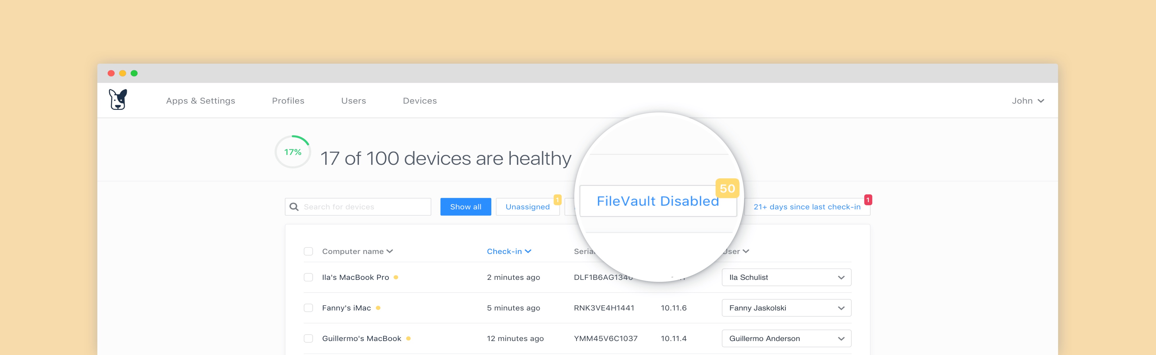 Fleetsmith Fleet Insights provide immediate updates on a company’s fleet health status.