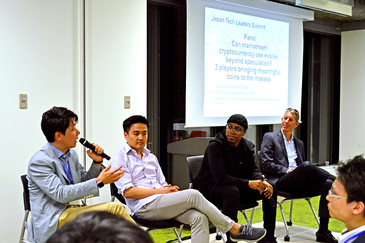 From left: Tatsuto Fujii, Open Innovation Leader, Mitsubishi UFJ Financial Group; Peter Park, Blockchain Group, LINE; Claude Eguienta, CEO, Telcoin; and Mark Bivens, venture partner, Truffle Capital, at Japan Tech Leaders Summit.