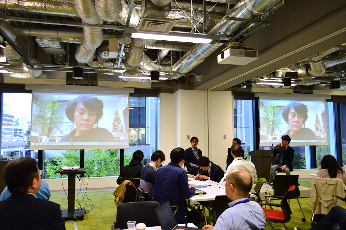 From left: Hiroshi Ishiguro (via video), Intelligent Robotics Laboratory, Osaka University; Mori Masaya, Rakuten Institute of Technology Worldwide; Kevin Takaoka, USideU; and Max Weiss, addlight Inc. and Millennial 7 Capital, at Japan Tech Leaders Summit, 2018. 