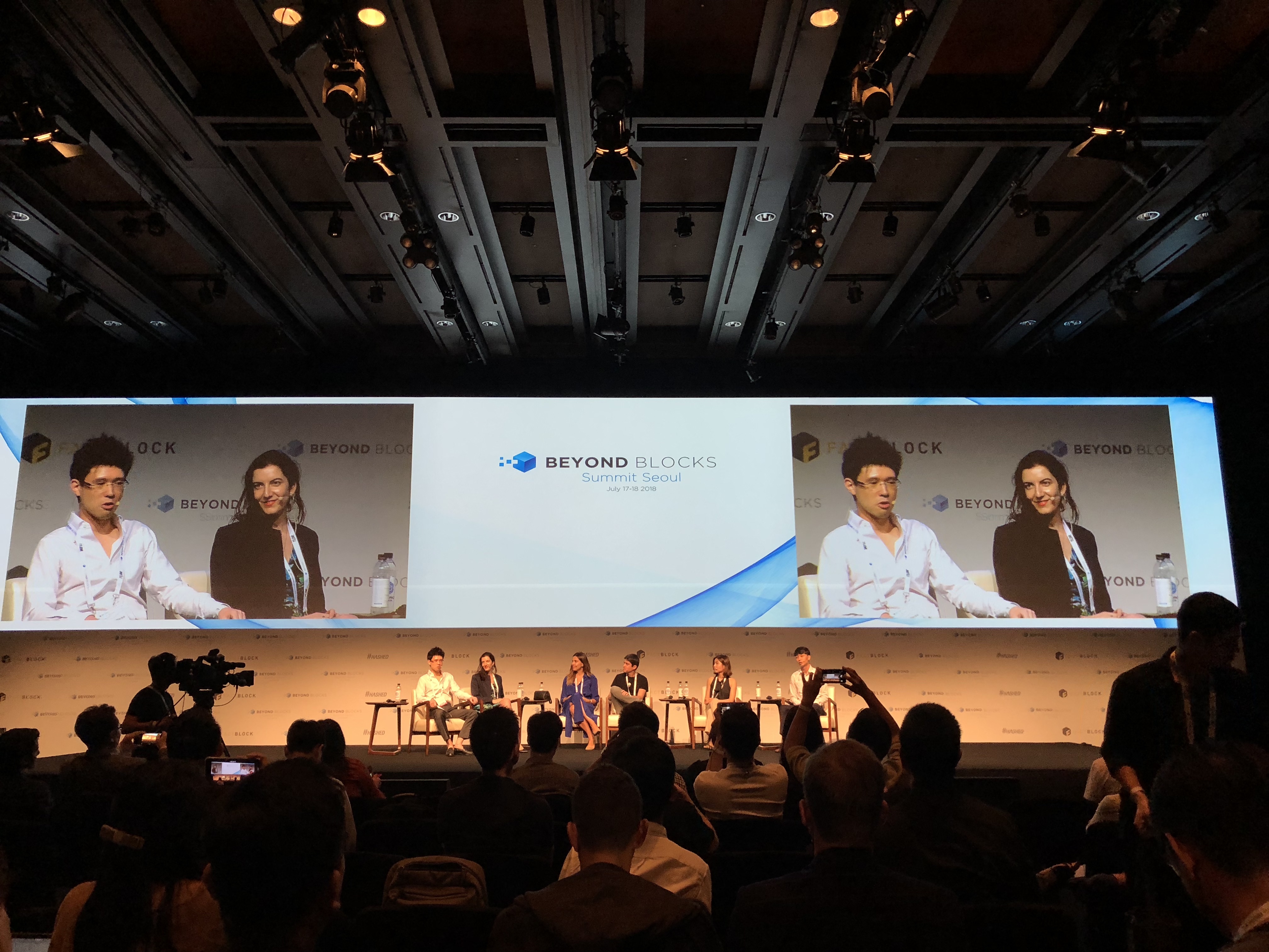 "The Mainstream Effect: The Startup X Corporate Connection" panel at the Beyond Blocks (2018) in Seoul. From left: Max Weiss, Maja Vujinovic, Sabrina Tachdjian, Uriel Peled, Ella Qiang, Simon Yu